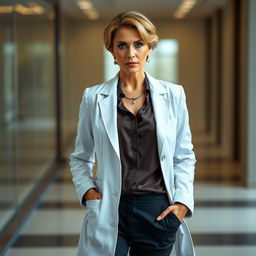 A stunning 50-year-old woman, elegantly dressed in a tailored doctor's coat, stands facing the camera with a provocative and alluring expression