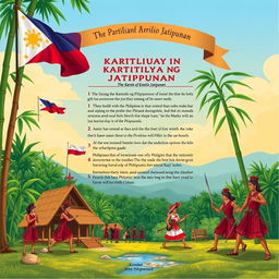 Illustration of the Kartilya ng Katipunan, the revolutionary guide written by Emilio Jacinto, featuring vibrant imagery that represents Philippine history and the spirit of the Katipunan