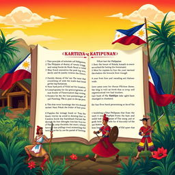 Illustration of the Kartilya ng Katipunan, the revolutionary guide written by Emilio Jacinto, featuring vibrant imagery that represents Philippine history and the spirit of the Katipunan