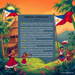 Illustration of the Kartilya ng Katipunan, the revolutionary guide written by Emilio Jacinto, featuring vibrant imagery that represents Philippine history and the spirit of the Katipunan