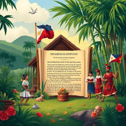Illustration of the Kartilya ng Katipunan, the revolutionary guide written by Emilio Jacinto, featuring vibrant imagery that represents Philippine history and the spirit of the Katipunan