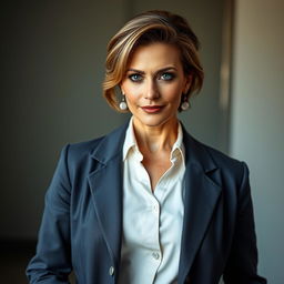 A gorgeous 50-year-old woman, elegantly attired in a fitted doctor's coat, stands facing the camera with a captivating and provocative expression