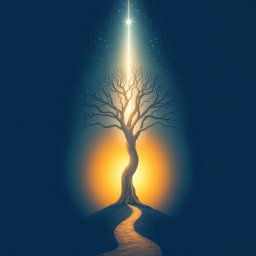 A symbolic image representing connection and transcendence featuring a starry night sky with a beam of light shining down to the earth