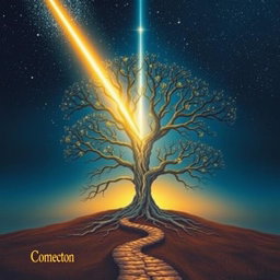 A symbolic image representing connection and transcendence featuring a starry night sky with a beam of light shining down to the earth