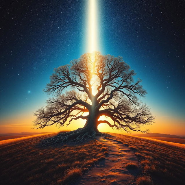 A symbolic image representing connection and transcendence featuring a starry night sky with a beam of light shining down to the earth