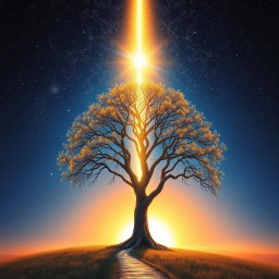A symbolic image representing connection and transcendence featuring a starry night sky with a beam of light shining down to the earth