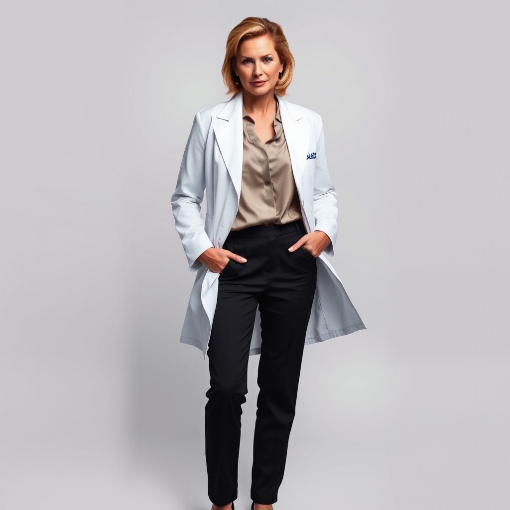 A gorgeous 50-year-old woman, dressed in a stylish doctor's coat, stands facing the camera with a provocative and confident expression