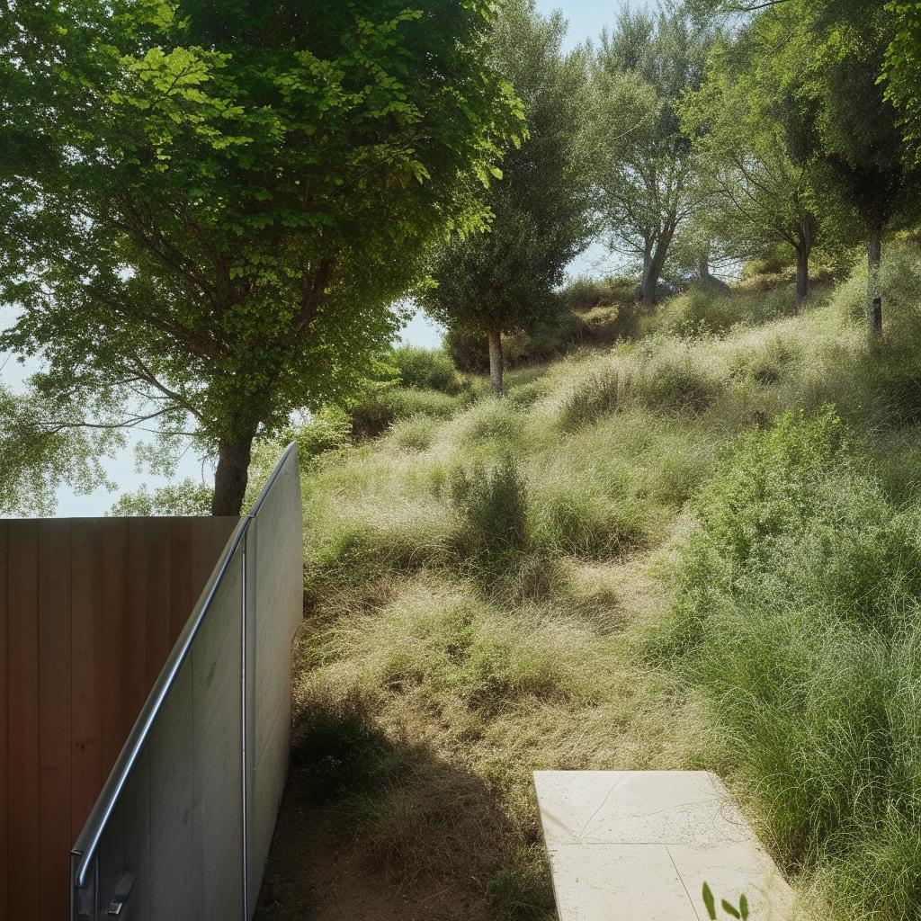 A building with a stair partition, going from the ground floor to the attic, nestled in hilly terrain.