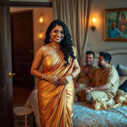 An elegant Indian woman with curvy figure, wearing a shimmering golden saree and a matching golden bra, standing in a tastefully decorated living room