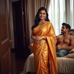 An elegant Indian woman with curvy figure, wearing a shimmering golden saree and a matching golden bra, standing in a tastefully decorated living room