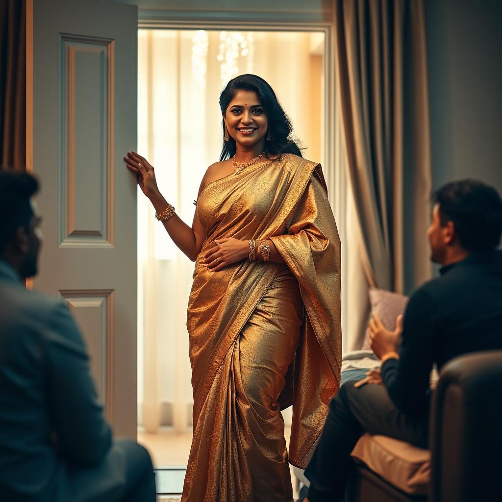 An elegant Indian woman with curvy figure, wearing a shimmering golden saree and a matching golden bra, standing in a tastefully decorated living room