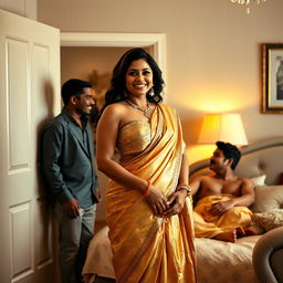 An elegant Indian woman with curvy figure, wearing a shimmering golden saree and a matching golden bra, standing in a tastefully decorated living room
