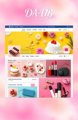 A vibrant and engaging Facebook page design for a business named 'DA-UB' that specializes in crafts, cakes, pastries, and cosmetics such as lipsticks and bags