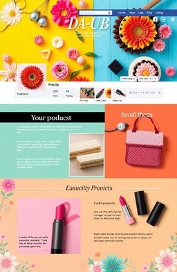 A vibrant and engaging Facebook page design for a business named 'DA-UB' that specializes in crafts, cakes, pastries, and cosmetics such as lipsticks and bags
