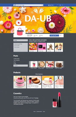 A vibrant and engaging Facebook page design for a business named 'DA-UB' that specializes in crafts, cakes, pastries, and cosmetics such as lipsticks and bags