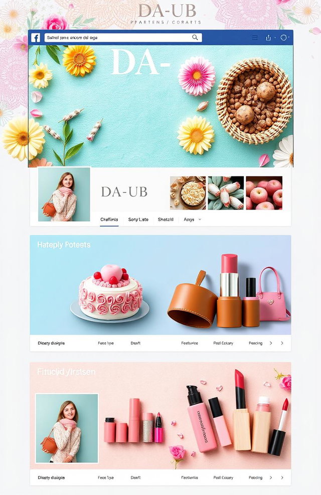 A vibrant and engaging Facebook page design for a business named 'DA-UB' that specializes in crafts, cakes, pastries, and cosmetics such as lipsticks and bags