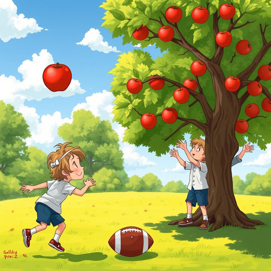A whimsical scene depicting Sir Isaac Newton sitting peacefully under an apple tree, an apple falling directly onto his head, symbolizing the famous legend