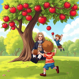 A whimsical scene depicting Sir Isaac Newton sitting peacefully under an apple tree, an apple falling directly onto his head, symbolizing the famous legend