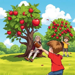 A whimsical scene depicting Sir Isaac Newton sitting peacefully under an apple tree, an apple falling directly onto his head, symbolizing the famous legend