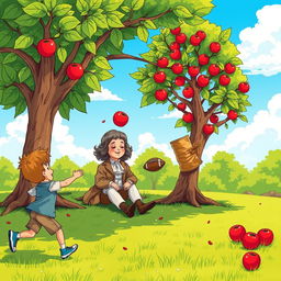 A whimsical scene depicting Sir Isaac Newton sitting peacefully under an apple tree, an apple falling directly onto his head, symbolizing the famous legend
