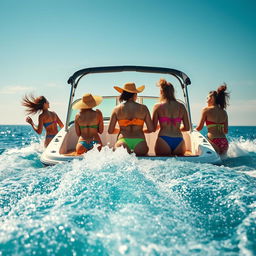 A humorous scene showcasing several women in colorful small bikinis swimming behind a speedboat, viewed from behind