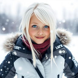 A stunning 20-year-old girl from Finland with striking white hair and bright blue eyes, dressed in a stylish snow suit