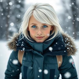 A stunning 20-year-old girl from Finland with striking white hair and bright blue eyes, dressed in a stylish snow suit