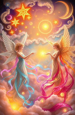 A beautifully crafted representation of divine poetry, featuring ethereal beings gracefully interacting in a celestial environment