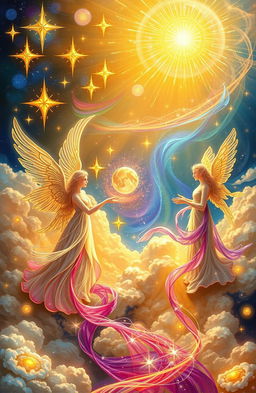 A beautifully crafted representation of divine poetry, featuring ethereal beings gracefully interacting in a celestial environment