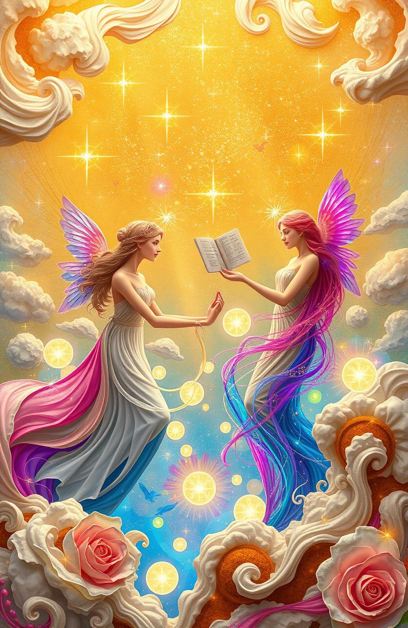 A beautifully crafted representation of divine poetry, featuring ethereal beings gracefully interacting in a celestial environment