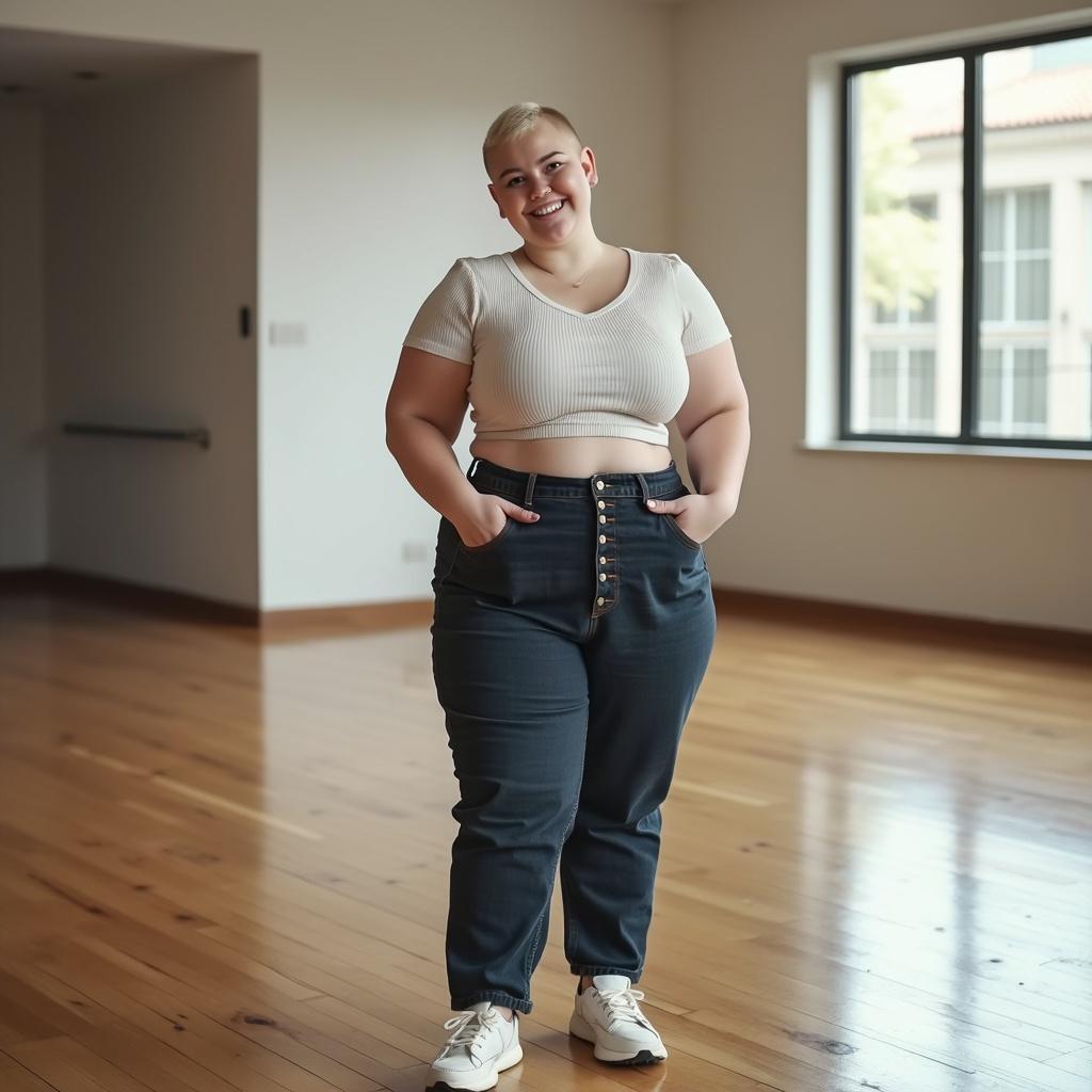 A young white lady with a buzzcut hairstyle, chubby build, standing confidently in a large, empty room