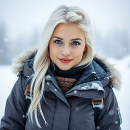 A beautiful 25-year-old woman from Finland, featuring striking white hair and bright blue eyes, dressed in a fashionable snow suit