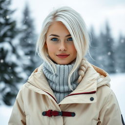 A beautiful 25-year-old woman from Finland, featuring striking white hair and bright blue eyes, dressed in a fashionable snow suit