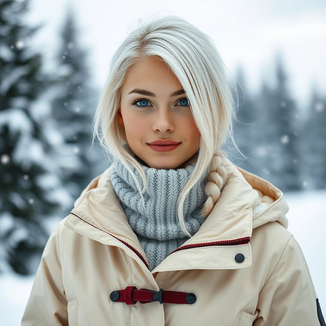 A beautiful 25-year-old woman from Finland, featuring striking white hair and bright blue eyes, dressed in a fashionable snow suit