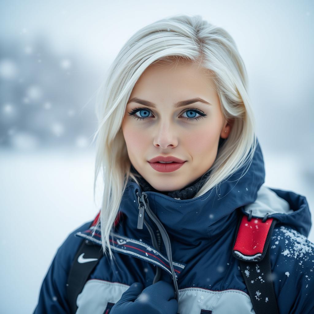 A beautiful 25-year-old woman from Finland, featuring striking white hair and bright blue eyes, dressed in a fashionable snow suit