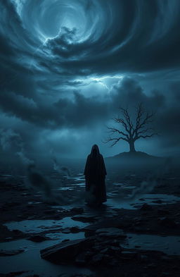 A hauntingly beautiful depiction of the concept 'Darkness of the Soul', featuring a shadowy figure standing alone in a desolate, mist-covered landscape