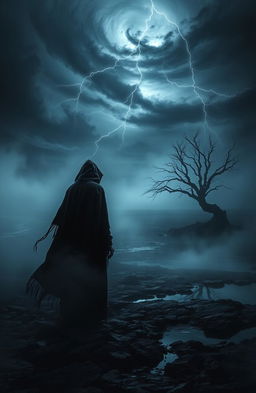 A hauntingly beautiful depiction of the concept 'Darkness of the Soul', featuring a shadowy figure standing alone in a desolate, mist-covered landscape