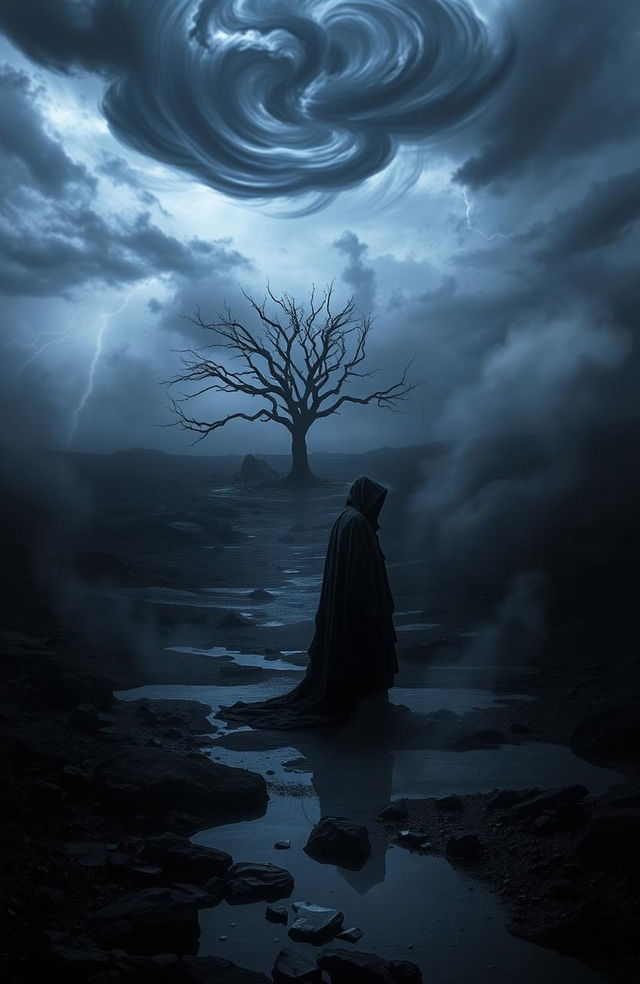 A hauntingly beautiful depiction of the concept 'Darkness of the Soul', featuring a shadowy figure standing alone in a desolate, mist-covered landscape