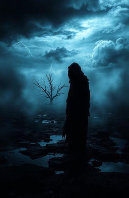 A hauntingly beautiful depiction of the concept 'Darkness of the Soul', featuring a shadowy figure standing alone in a desolate, mist-covered landscape