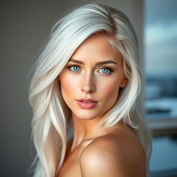 A beautiful 25-year-old woman from Finland with striking white hair and captivating blue eyes