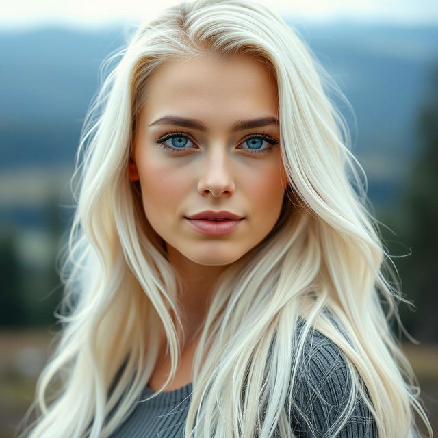 A beautiful 25-year-old woman from Finland with striking white hair and captivating blue eyes