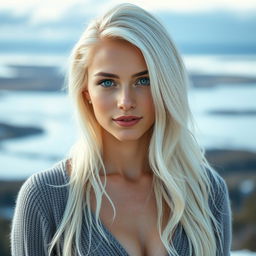 A beautiful 25-year-old woman from Finland with striking white hair and captivating blue eyes