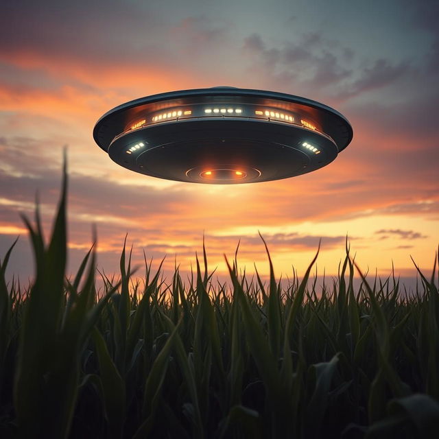 A dramatic UFO hovering above a vast cornfield under a twilight sky, illuminated by the soft glow of the setting sun