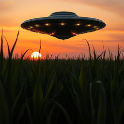 A dramatic UFO hovering above a vast cornfield under a twilight sky, illuminated by the soft glow of the setting sun