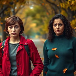 A poignant scene of two women in a breakup, standing on a park pathway