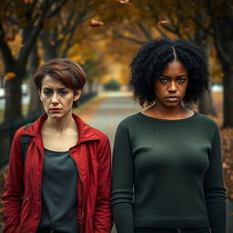 A poignant scene of two women in a breakup, standing on a park pathway