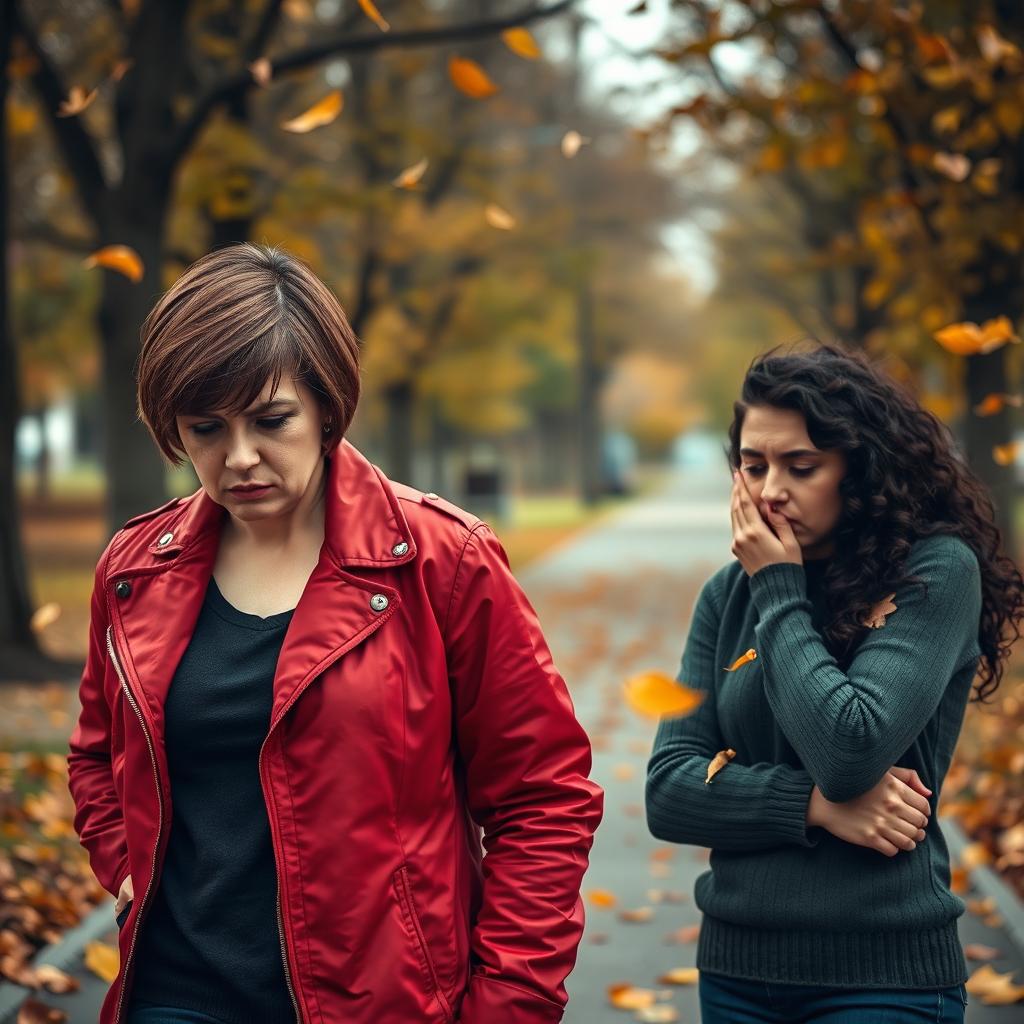 A poignant scene of two women in a breakup, standing on a park pathway
