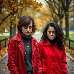 A poignant scene of two women in a breakup, standing on a park pathway