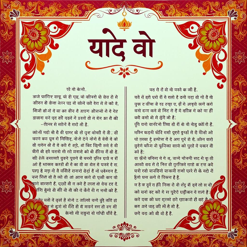 A visually captivating cover page for a Hindi portfolio, featuring an elegant and vibrant design that incorporates Indian cultural elements such as traditional motifs, and a beautiful Hindi calligraphy title that reads 'हिंदी पोर्टफोलियो' (Hindi Portfolio)