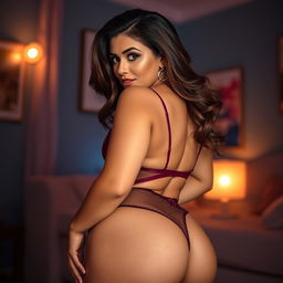 A confident and attractive curvy woman with a big backside poses in a playful and alluring doggy style position, set against a vibrant, softly lit room